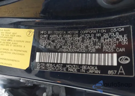 2004 Lexus Es 330 z USA, uszkodzony, nr VIN JTHBA30G940021728